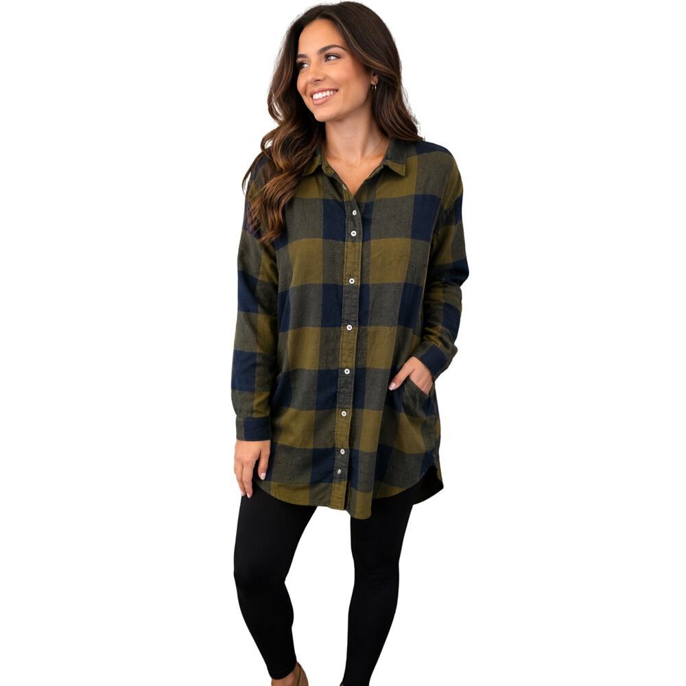 H&M army olive green plaid long sleeve tunic dress w/ pockets EUC career casual